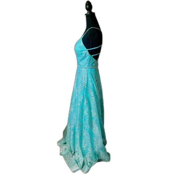 Collette for Mon Cheri aqua v-neck A-line prom gown beaded maxi sz 4 EUC - Picture 5 of 16